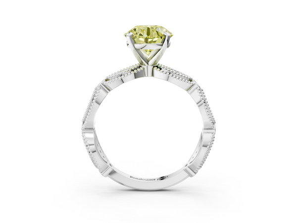 White gold Fancy Yellow Round  Solitaire Milgrain Diamond Engagement Ring with Bezel and Marquise Band