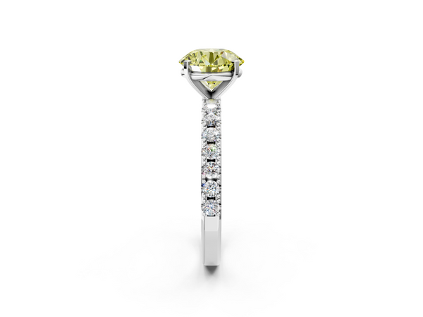 Platinum Fancy Yellow Round Cut Diamond Solitaire Pavé Band with Four-Prong Setting
