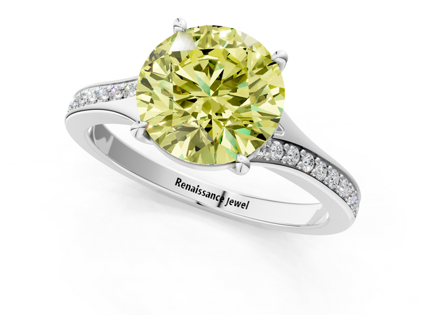 White gold Fancy Yellow Round Cut Diamond Solitaire Ring with Pavé Band and Prong Setting