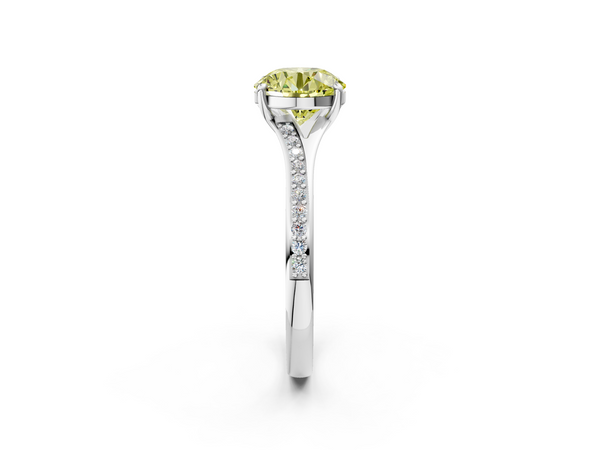 White gold Fancy Yellow Round Cut Diamond Solitaire Ring with Pavé Band and Prong Setting
