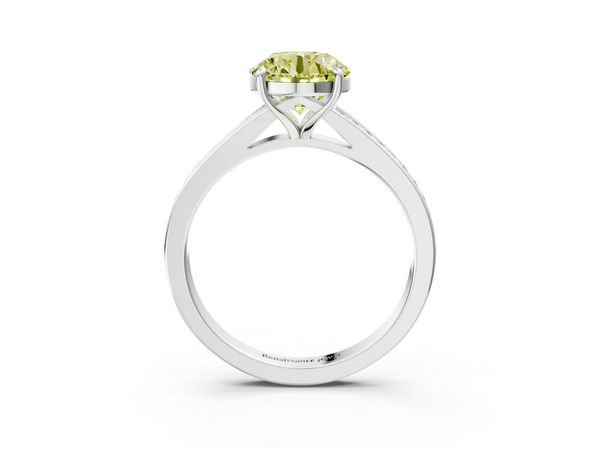 White gold Fancy Yellow Round Cut Diamond Solitaire Ring with Pavé Band and Prong Setting