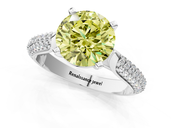 Platinum Fancy Yellow Round  Diamond Solitaire Engagement Ring with Pavé Band and Four-Prong Setting