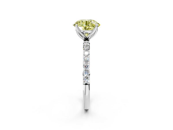 White gold Fancy Yellow Round Cut Diamond Solitaire Engagement Ring with Round  Pavé Band and Prong Setting