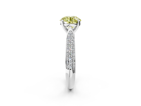 Platinum Fancy Yellow Round  Diamond Solitaire Engagement Ring with Pavé Band and Four-Prong Setting