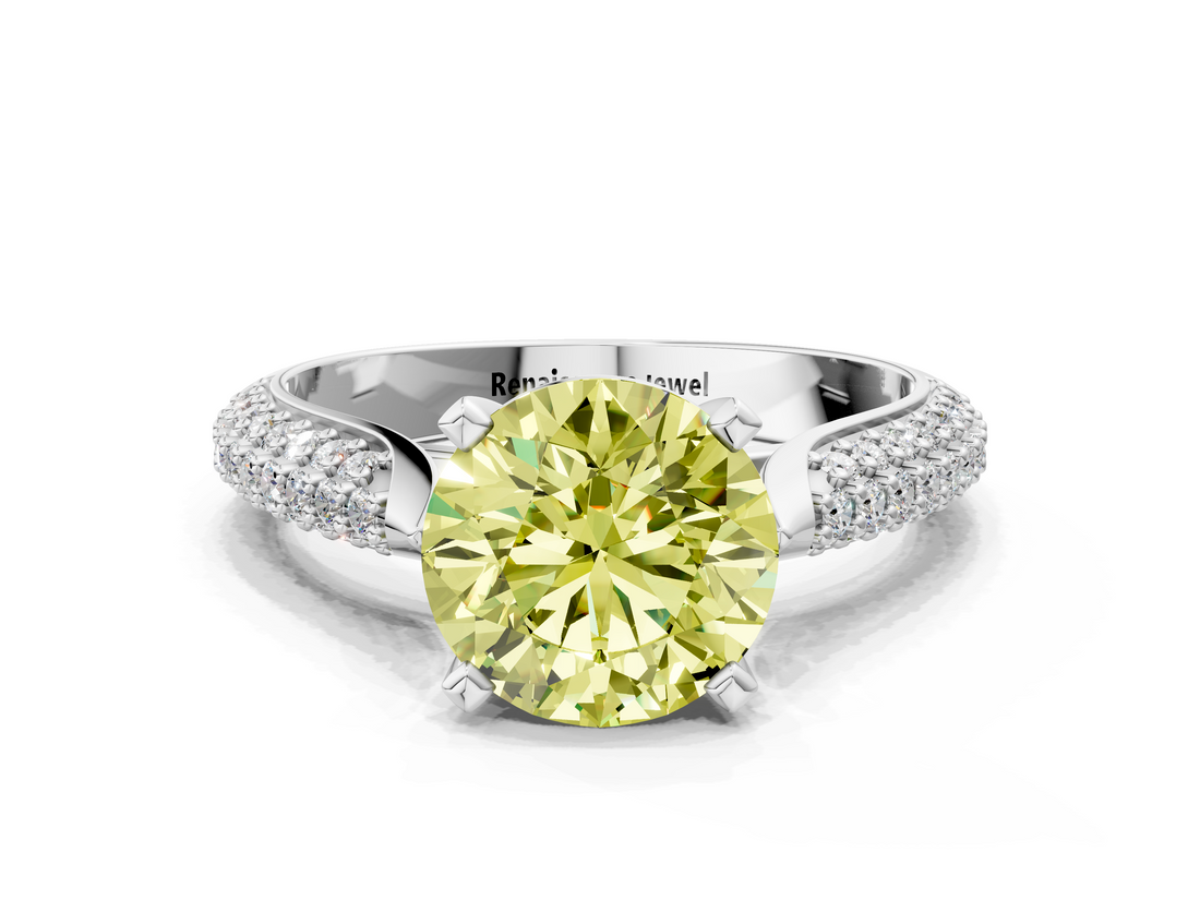 White gold Fancy Yellow Round  Solitaire Pavé Diamond Engagement Ring with Four-Prong Setting