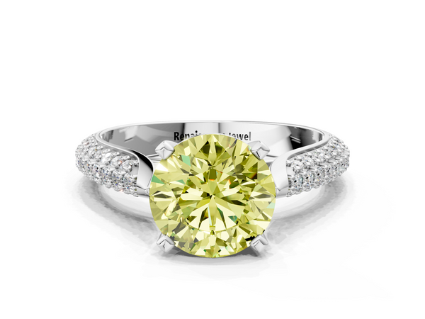 Platinum Fancy Yellow Round  Diamond Solitaire Engagement Ring with Pavé Band and Four-Prong Setting