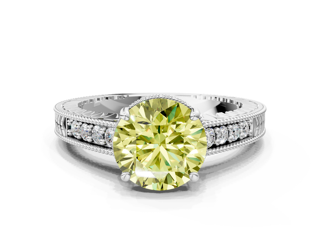 White gold Fancy Yellow Round  Solitaire Pavé Diamond Milgrain Engagement Ring with Four-Prong Setting