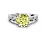 White gold Fancy Yellow Round  Solitaire Pavé Diamond Milgrain Engagement Ring with Four-Prong Setting