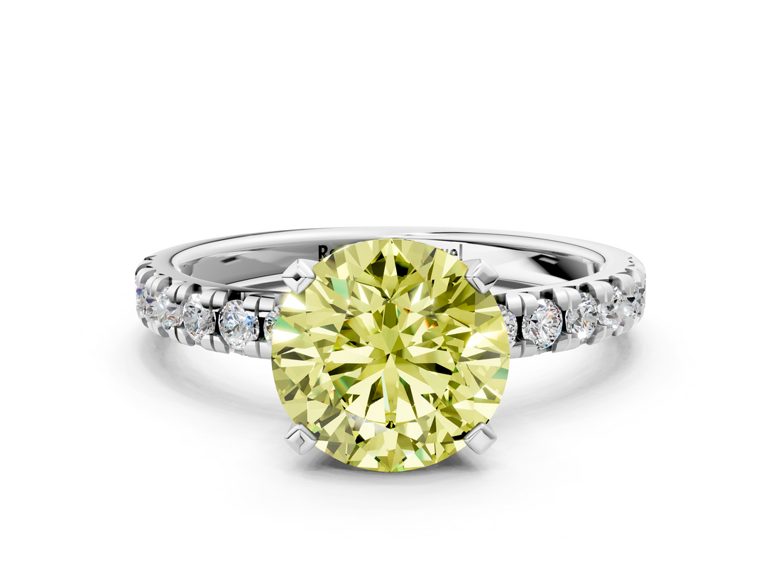 White gold Fancy Yellow Round  Solitaire Pave Diamond Engagement Ring with Four-Prong Setting
