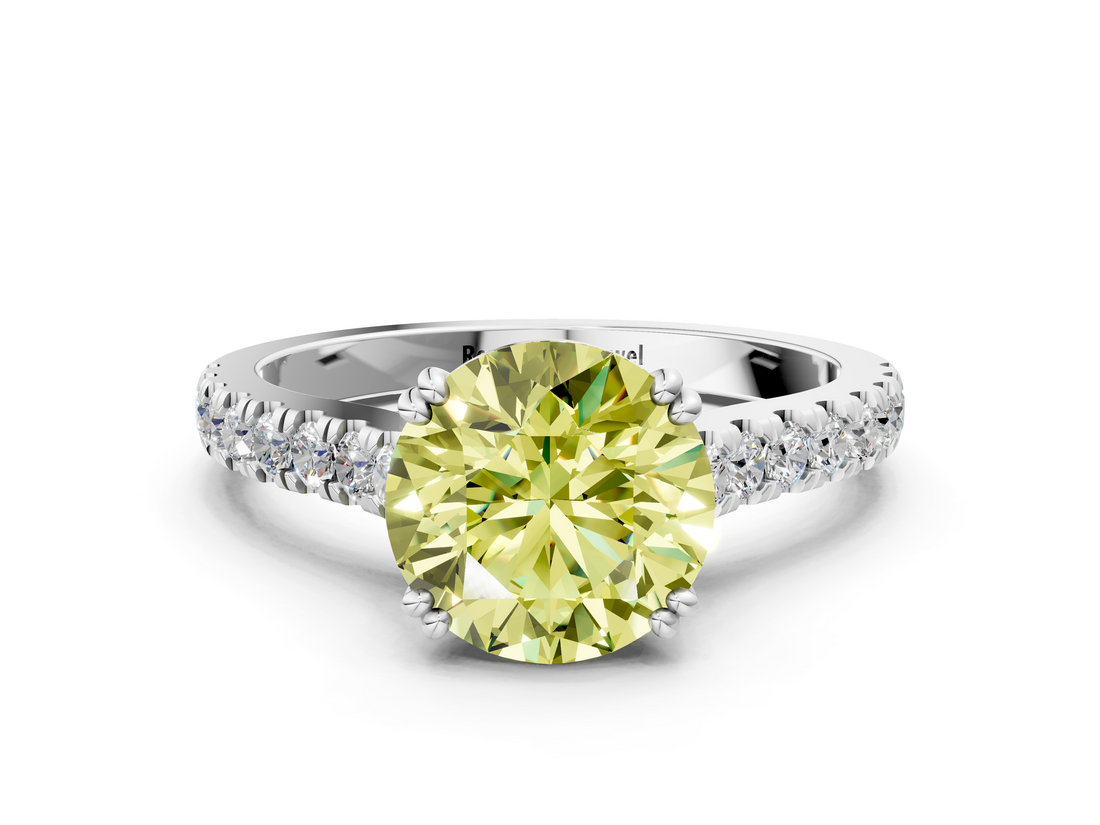 White gold Fancy Yellow Round  Solitaire Pave Diamond Engagement Ring with Prong Setting