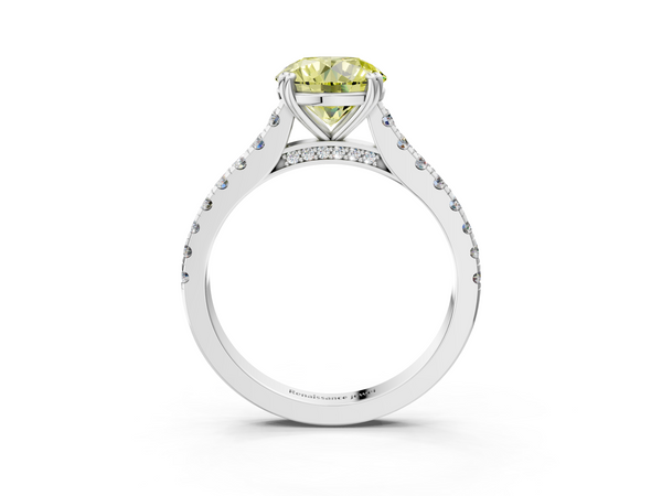 White gold Fancy Yellow Round  Solitaire Pave Diamond Engagement Ring with Prong Setting