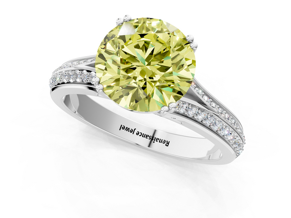 Platinum Fancy Yellow Round Cut Diamond Split Shank Engagement Ring with Pavé Band