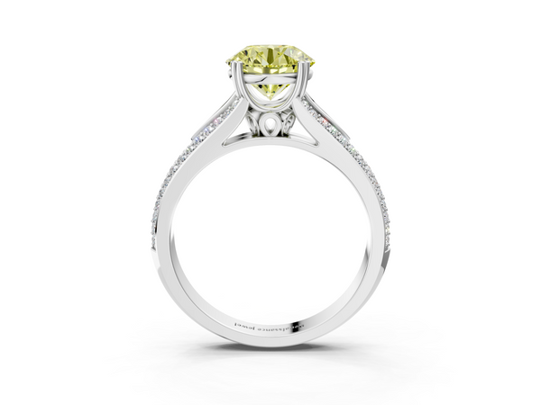Platinum Fancy Yellow Round Cut Diamond Split Shank Engagement Ring with Pavé Band