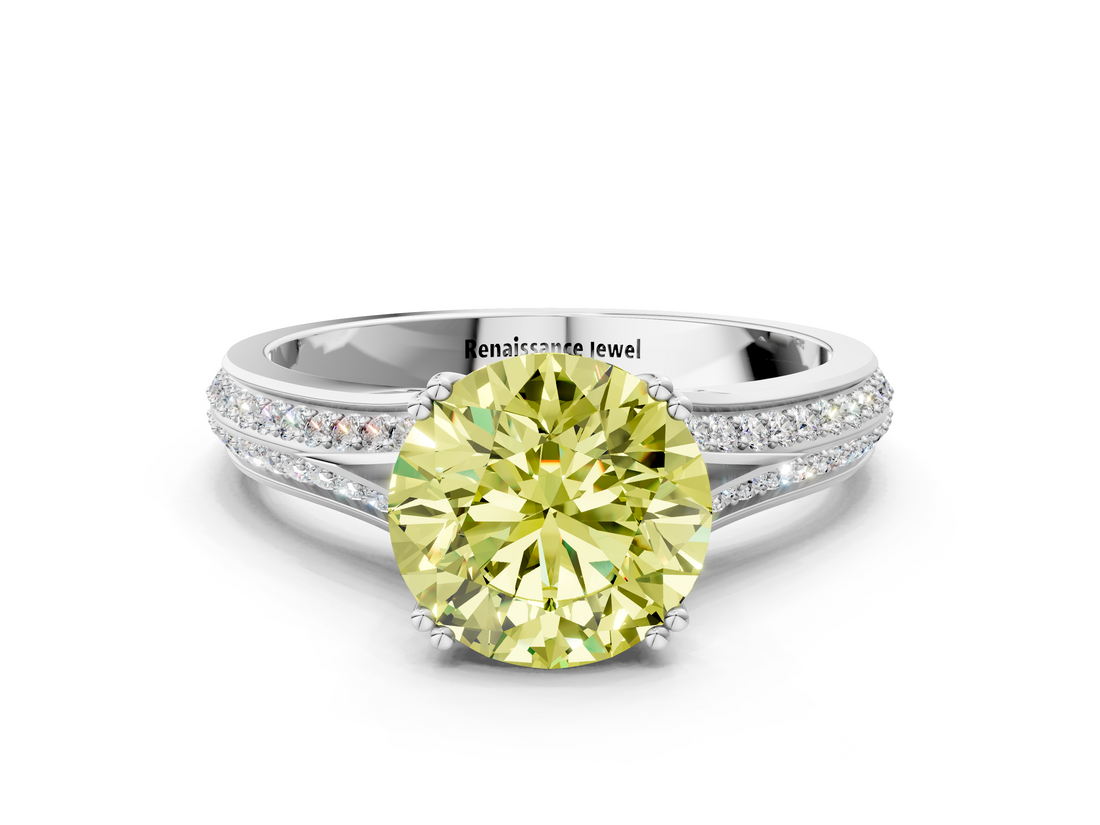 White gold Fancy Yellow Round  Solitaire Pave Split Shank Engagement Ring with Six-Prong Setting