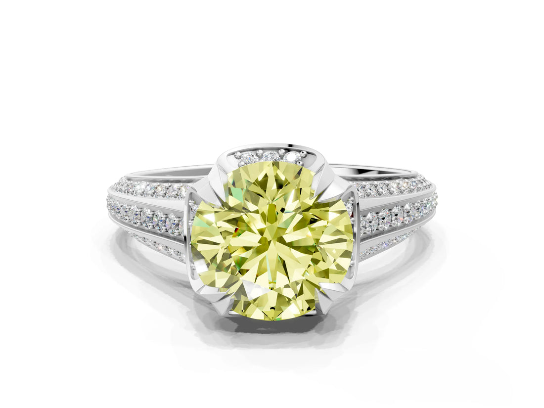 White gold Fancy Yellow Round  Solitaire Pave Split Shank Ring with Four-Prong Setting_210