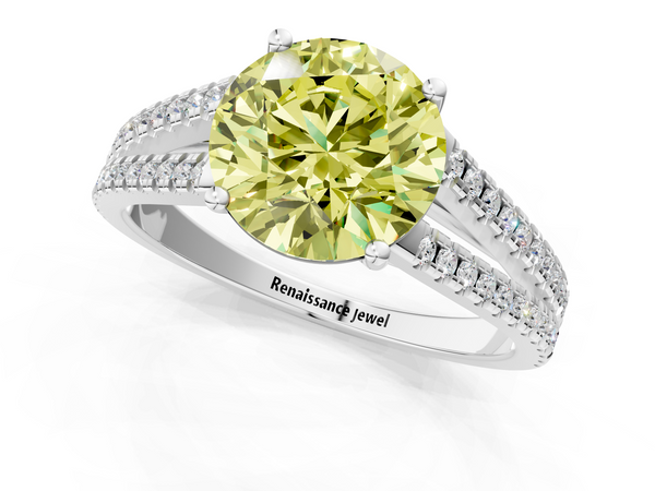 White gold Fancy Yellow Round Cut Diamond Solitaire Engagement Ring with Split Shank Pavé Band