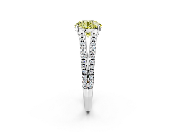 White gold Fancy Yellow Round Cut Diamond Solitaire Engagement Ring with Split Shank Pavé Band