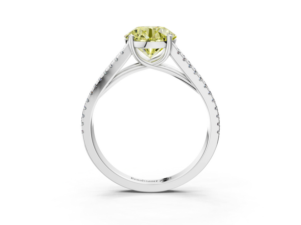 White gold Fancy Yellow Round Cut Diamond Solitaire Engagement Ring with Split Shank Pavé Band