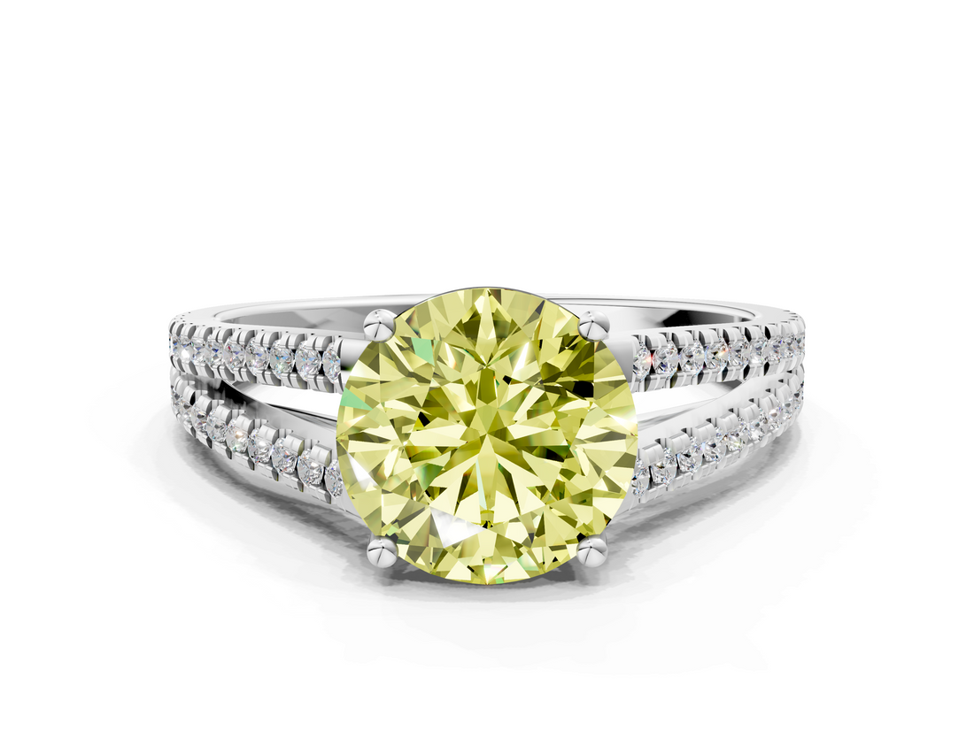 White gold Fancy Yellow Round  Solitaire Split Shank Pavé Diamond Engagement Ring