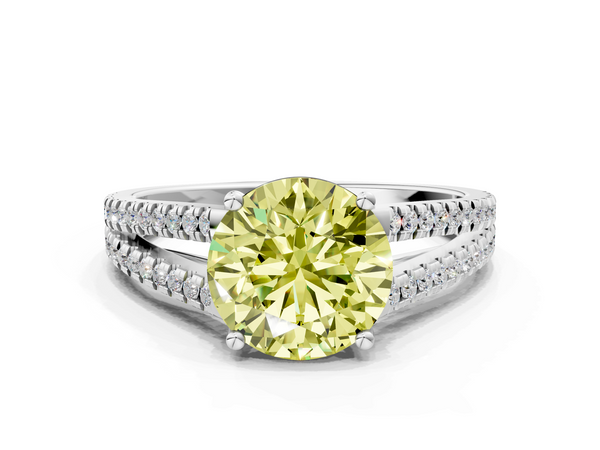 White gold Fancy Yellow Round Cut Diamond Solitaire Engagement Ring with Split Shank Pavé Band