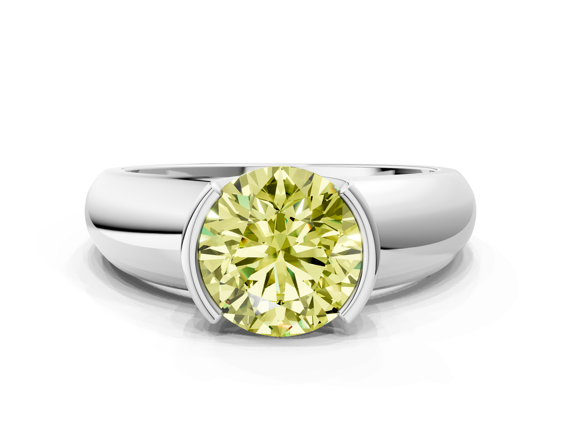 White gold Fancy Yellow Round  Solitaire Tension Set Diamond Ring with Wide Band