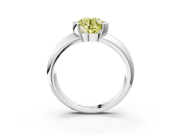White gold Fancy Yellow Round  Solitaire Tension Set Diamond Ring with Wide Band