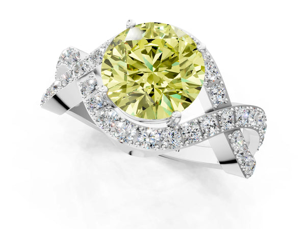 Platinum Fancy Yellow Round  Solitaire Twist Band Pavé Diamond Engagement Ring