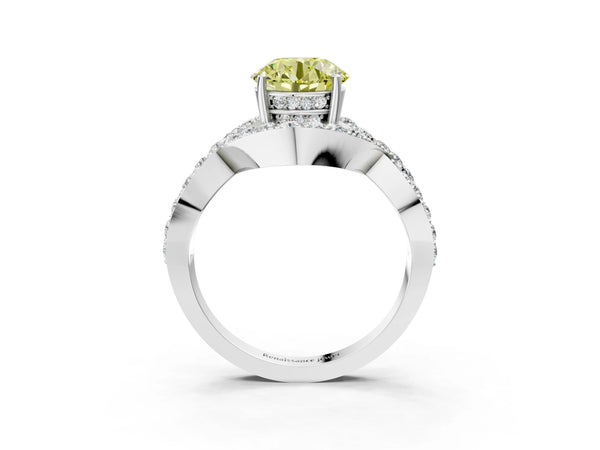 Platinum Fancy Yellow Round  Solitaire Twist Band Pavé Diamond Engagement Ring