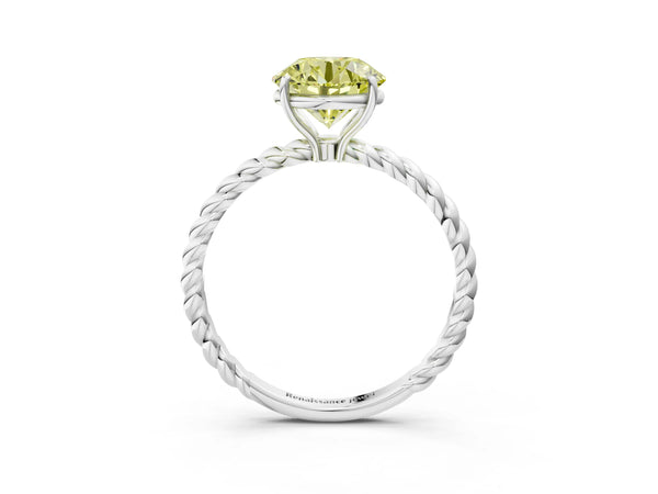 Platinum Fancy Yellow Round  Solitaire Twist Band Ring with Four-Prong Setting