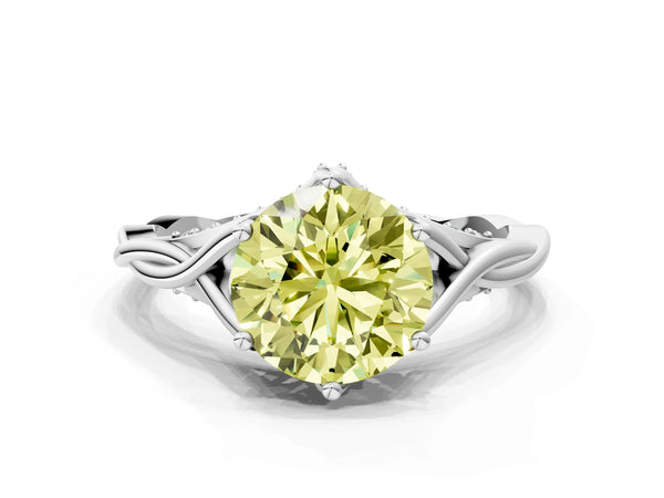 White Gold Round Twisted Solitaire Engagement Ring Setting for Fancy Yellow Center with Pave Shoulders and Gallery