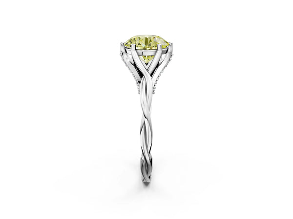 White Gold Round Twisted Solitaire Engagement Ring Setting for Fancy Yellow Center with Pave Shoulders and Gallery