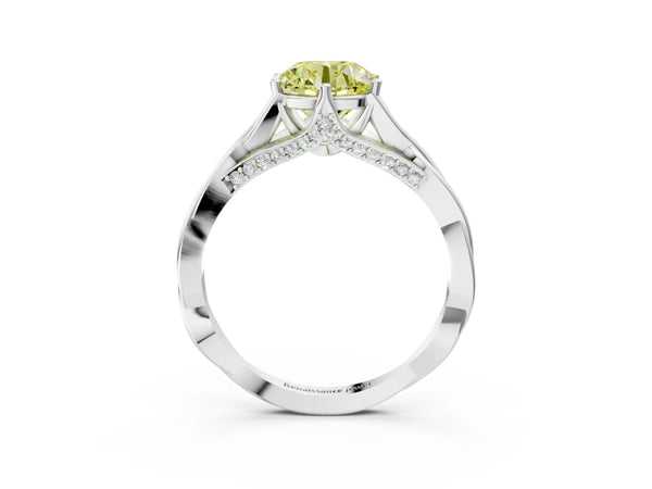 White Gold Round Twisted Solitaire Engagement Ring Setting for Fancy Yellow Center with Pave Shoulders and Gallery
