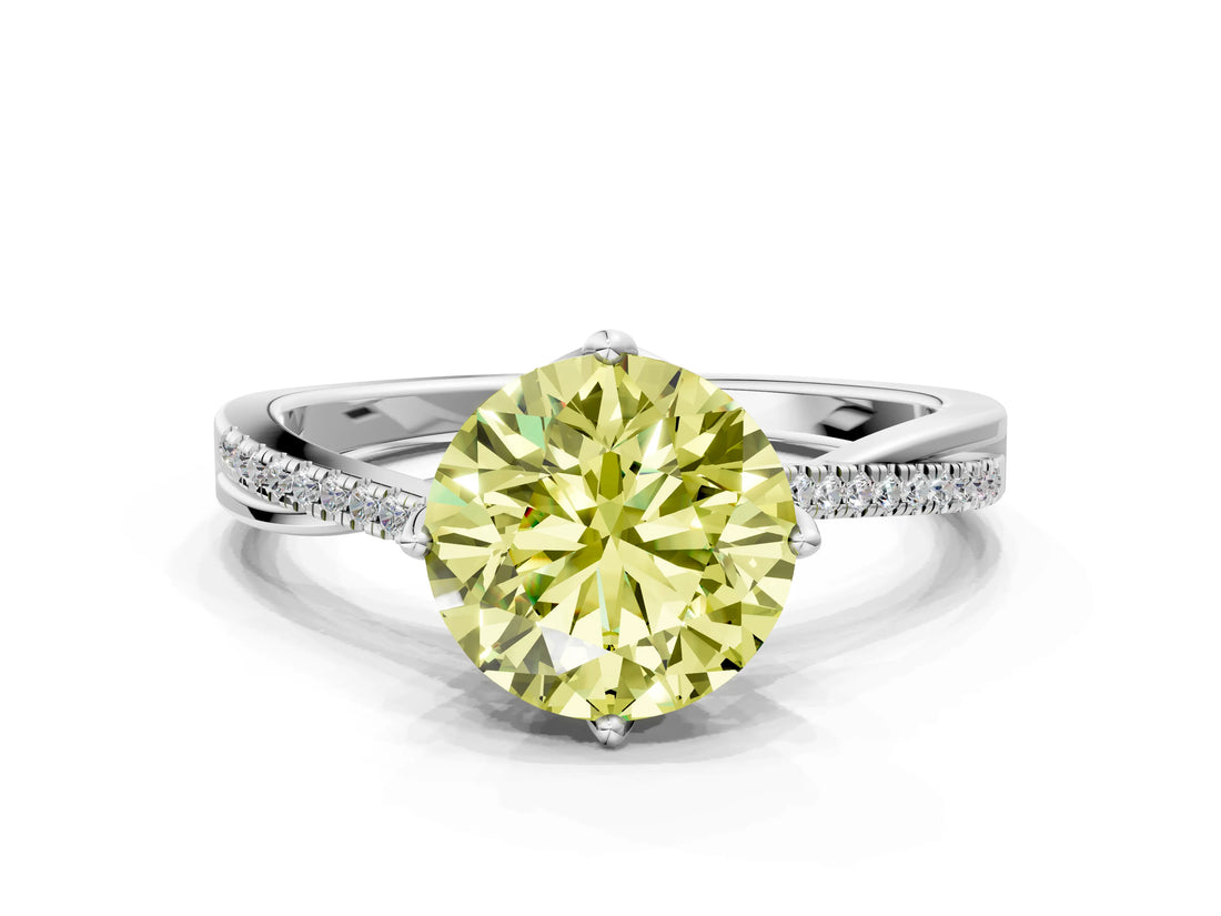 White gold Fancy Yellow Round  Solitaire Twist Band with Pavé Diamonds and Four-Prong Setting_58