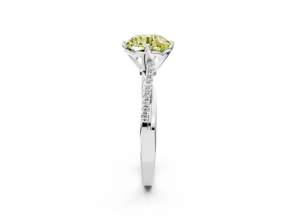 Platinum Fancy Yellow Round  Solitaire Twist Band with Pavé Diamonds and Four-Prong Setting