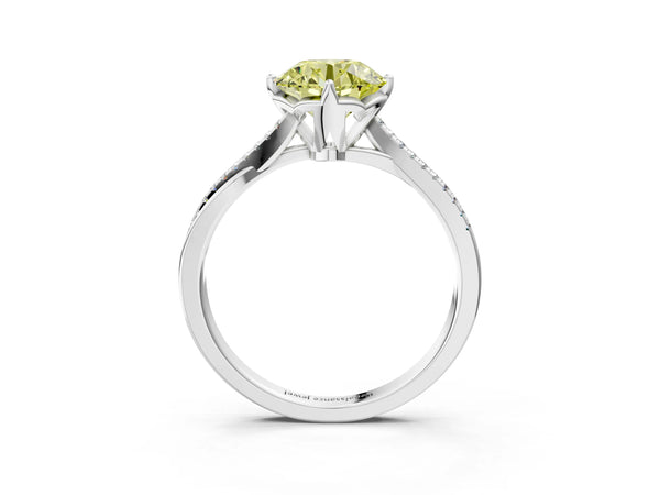Platinum Fancy Yellow Round  Solitaire Twist Band with Pavé Diamonds and Four-Prong Setting