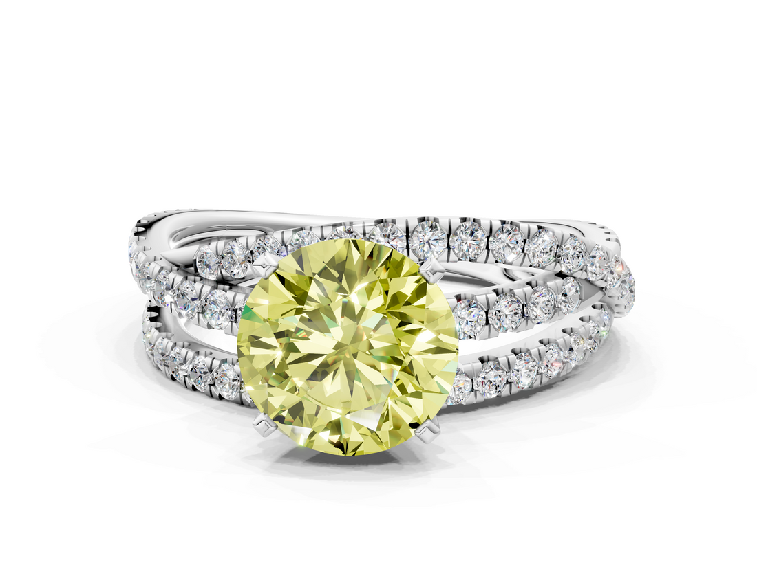 White gold Fancy Yellow Round  Solitaire Twist Band with Pavé Setting and Four-Prong Setting
