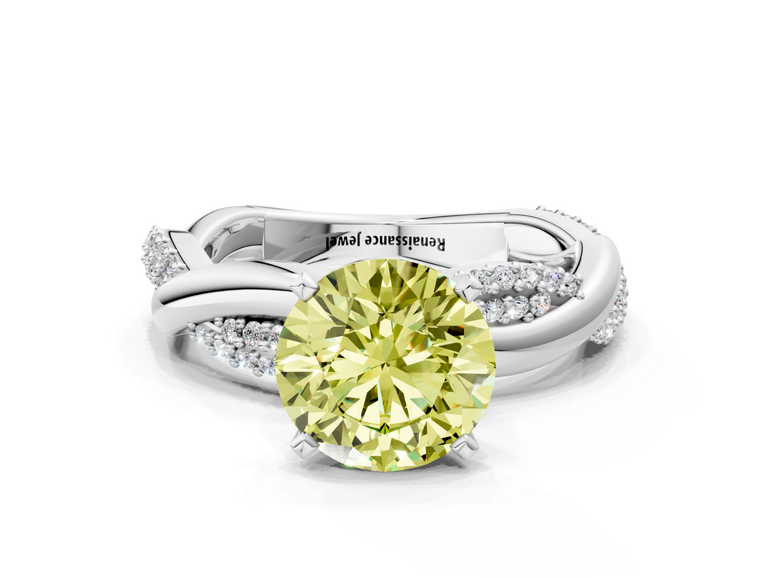 White gold Fancy Yellow Round  Solitaire Twist Band with Pave Prong Setting