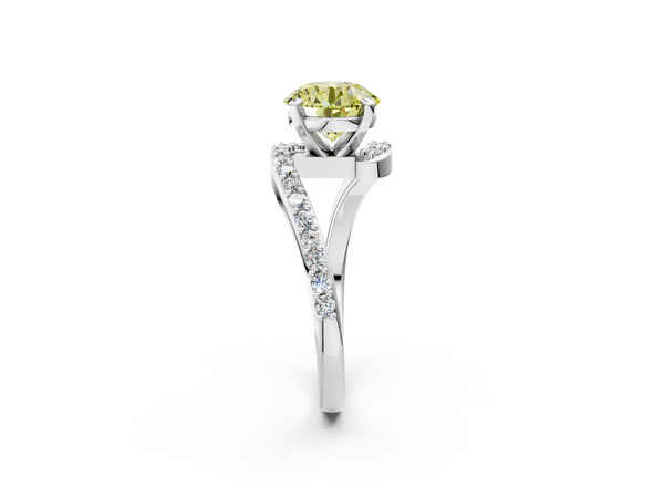 Platinum Fancy Yellow Round  Solitaire Twist Band with Pave Set Diamonds and Four-Prong Setting