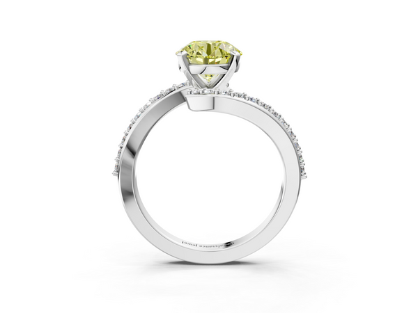 Platinum Fancy Yellow Round  Solitaire Twist Band with Pave Set Diamonds and Four-Prong Setting