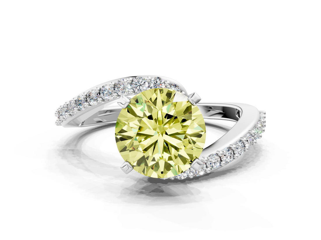 White gold Fancy Yellow Round  Solitaire Twist Band with Pave Set Diamonds and Four-Prong Setting