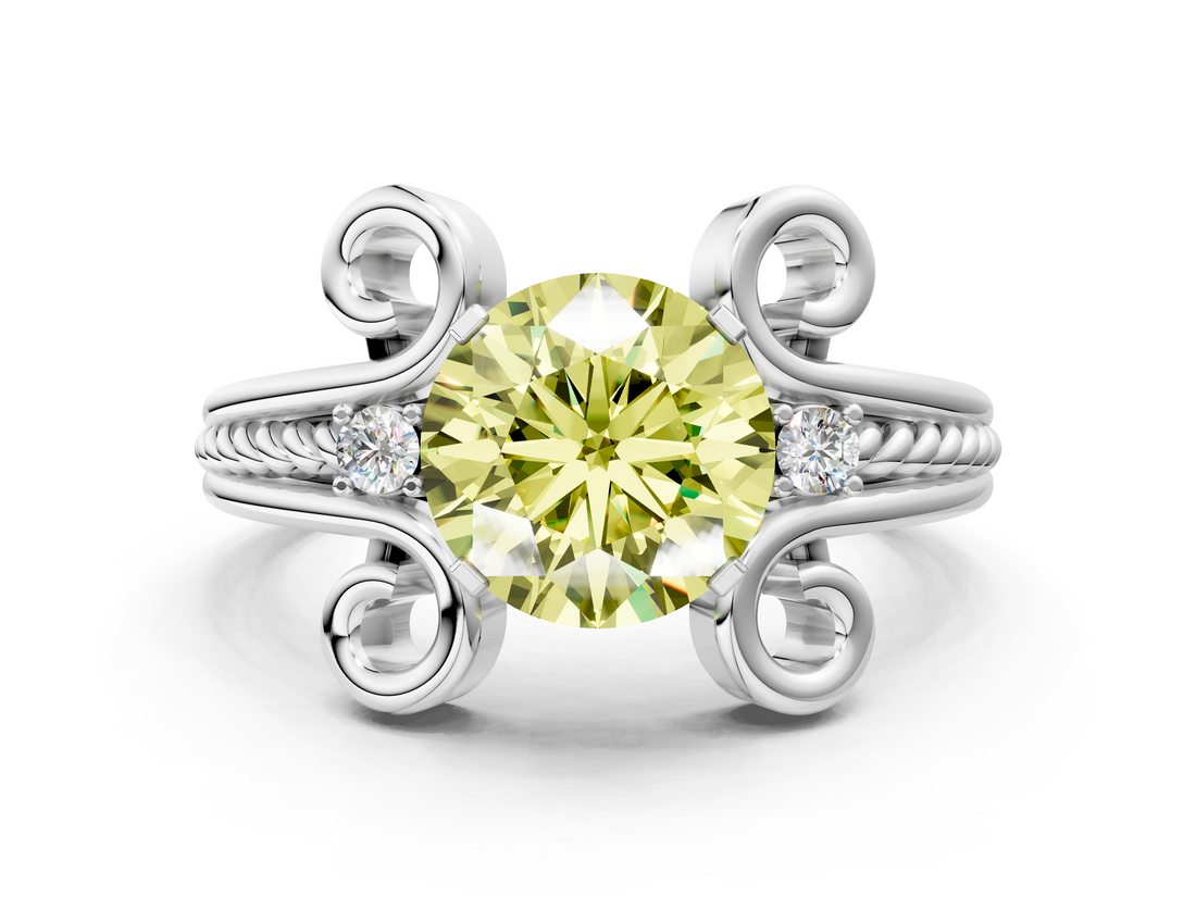 White gold Fancy Yellow Round  Solitaire Twisted Band Scroll Prong Ring_3