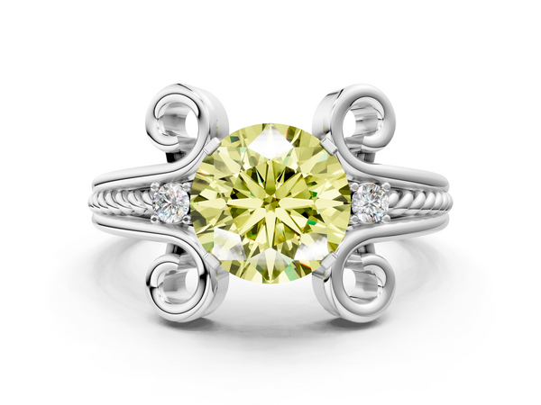 White gold Fancy Yellow Round  Solitaire Twisted Band Scroll Prong Ring