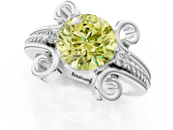 White gold Fancy Yellow Round  Solitaire Twisted Band Scroll Prong Ring