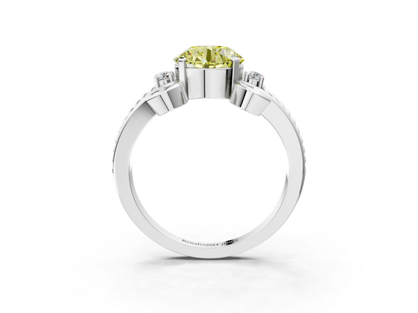 White gold Fancy Yellow Round  Solitaire Twisted Band Scroll Prong Ring