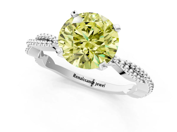 White gold Fancy Yellow Round  Solitaire Twisted Band with Bead Prong Setting