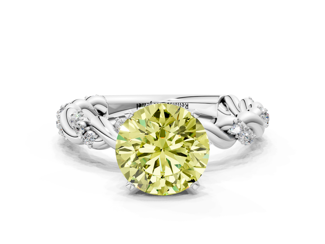 White gold Fancy Yellow Round  Solitaire Twisted Band with Pavé Accents and Four-Prong Setting
