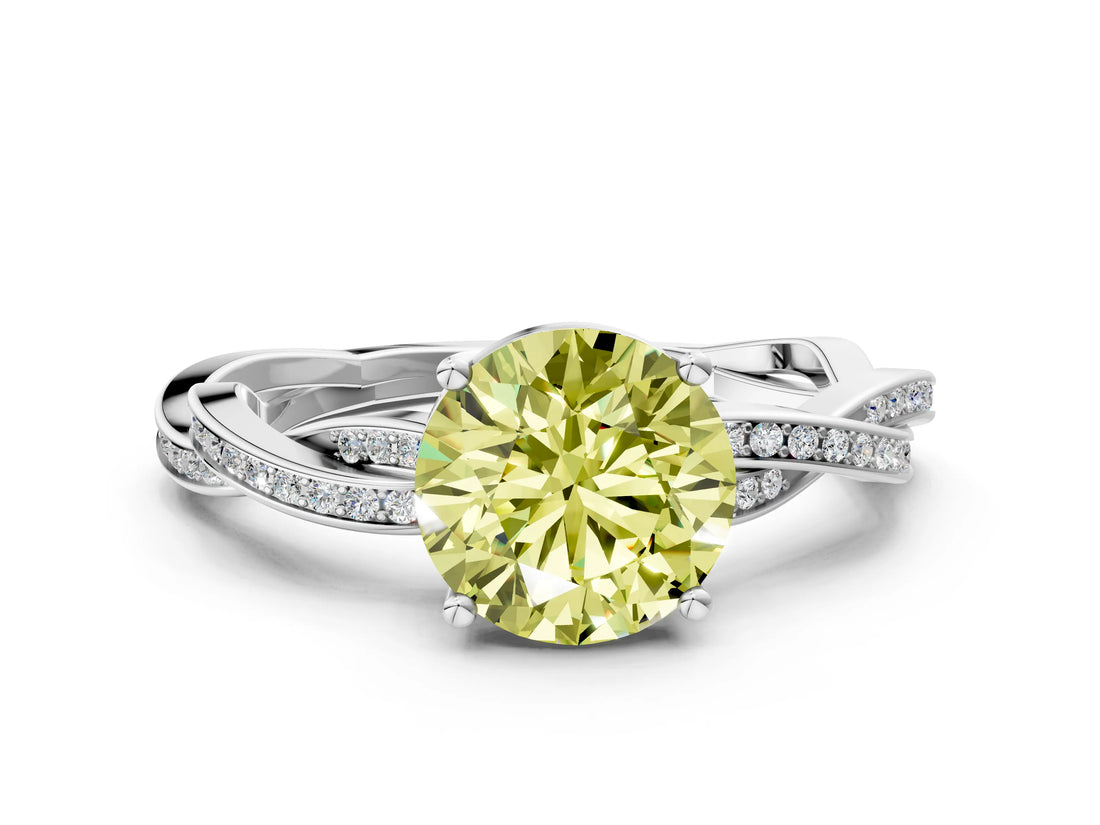 White gold Fancy Yellow Round  Solitaire Twisted Pave Diamond Ring with Four-Prong Setting_12
