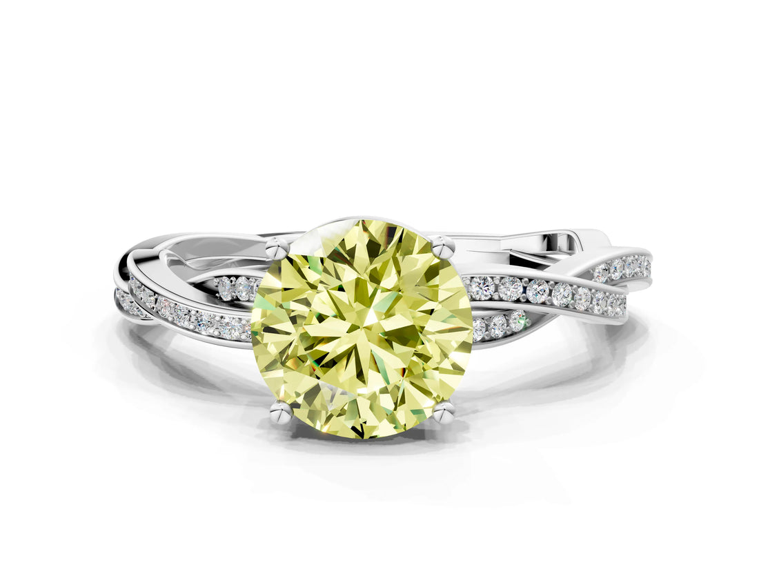 White gold Fancy Yellow Round  Solitaire Twisted Pave Diamond Ring with Four-Prong Setting_124