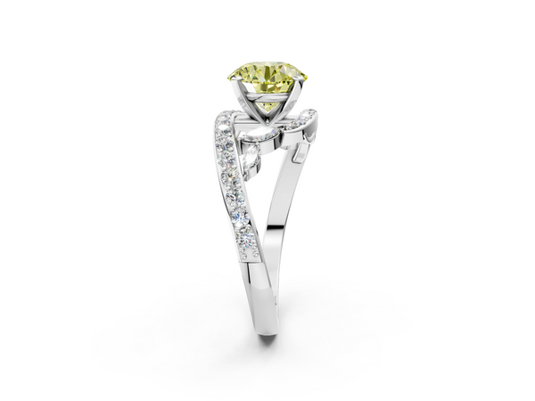 White gold Fancy Yellow Round  Solitaire with Pavé Twist Band and Four-Prong Setting