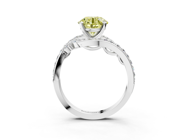 White gold Fancy Yellow Round  Solitaire with Pavé Twist Band and Four-Prong Setting
